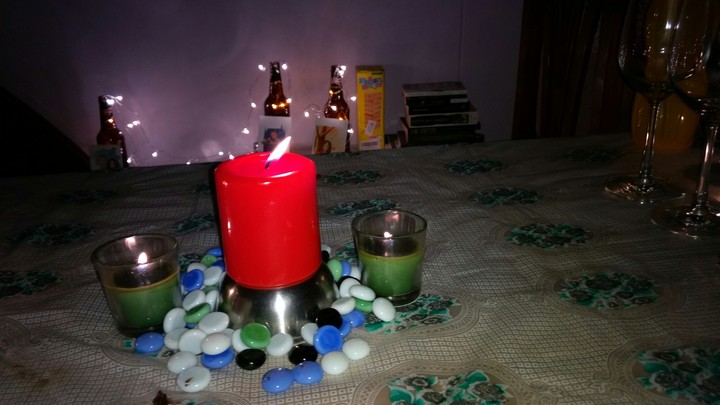 Candle, lights and wine