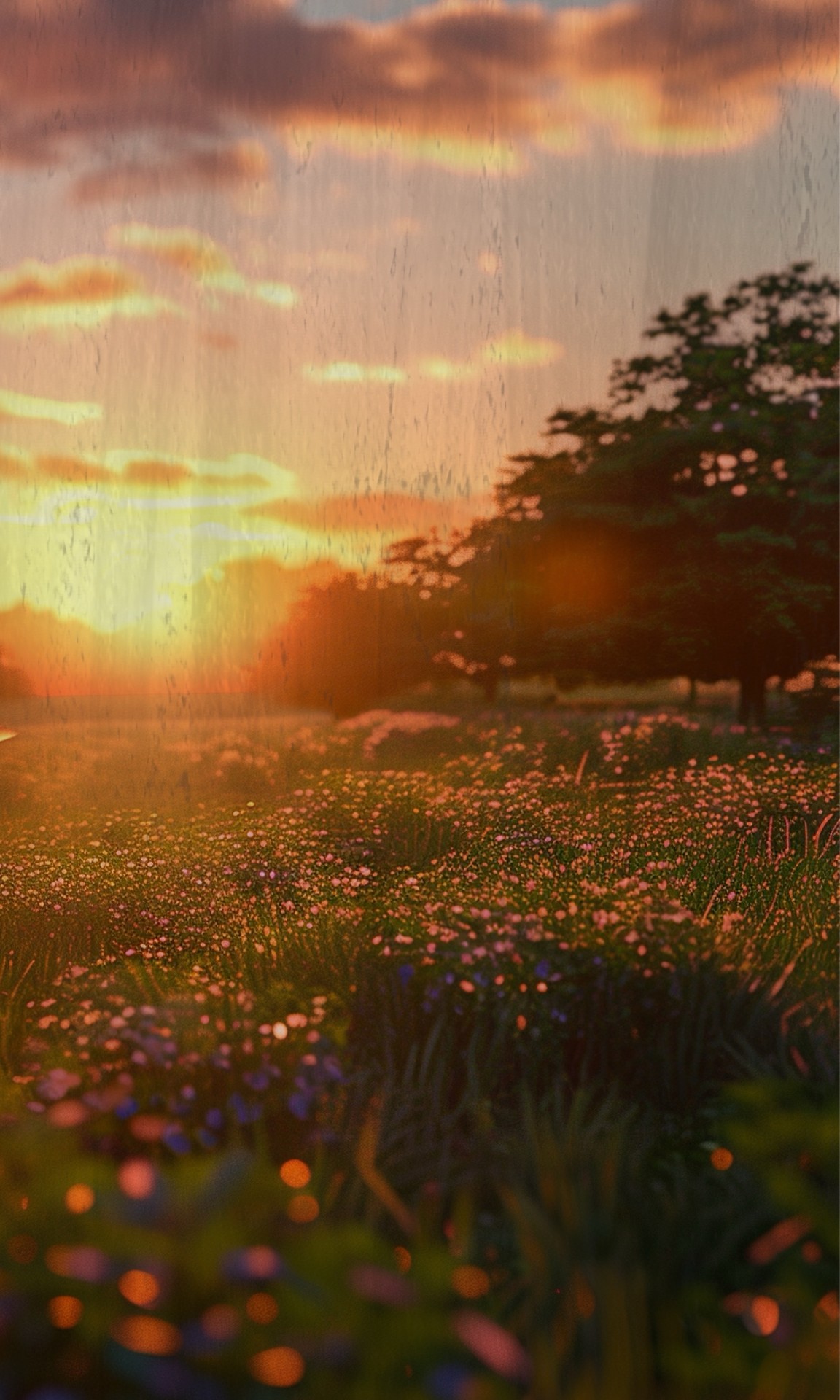 Golden light of sunset. Wildflowers dot the foreground grass, and the sky is a tapestry of orange an