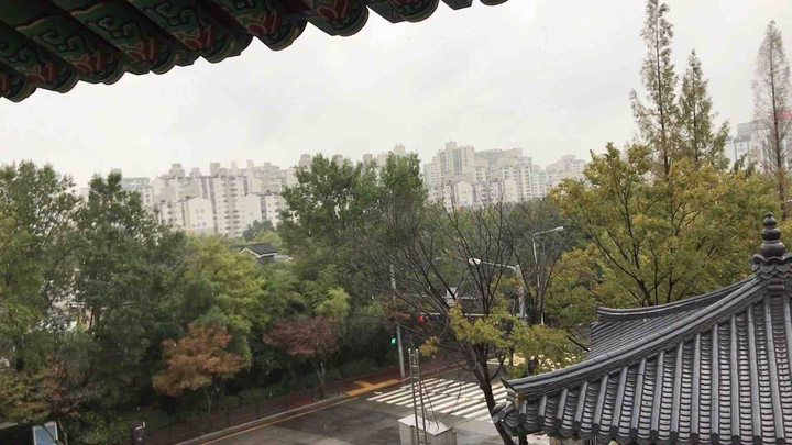 비오는 날의 도심 속 사찰