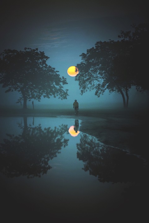 Cyclist Fog Moon