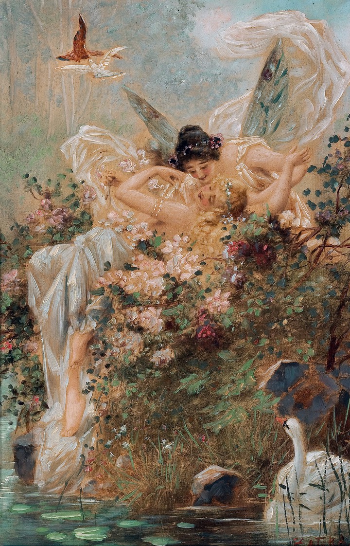 Two Fairies Embracing in a Landscape with a Swan - Hans Zatz