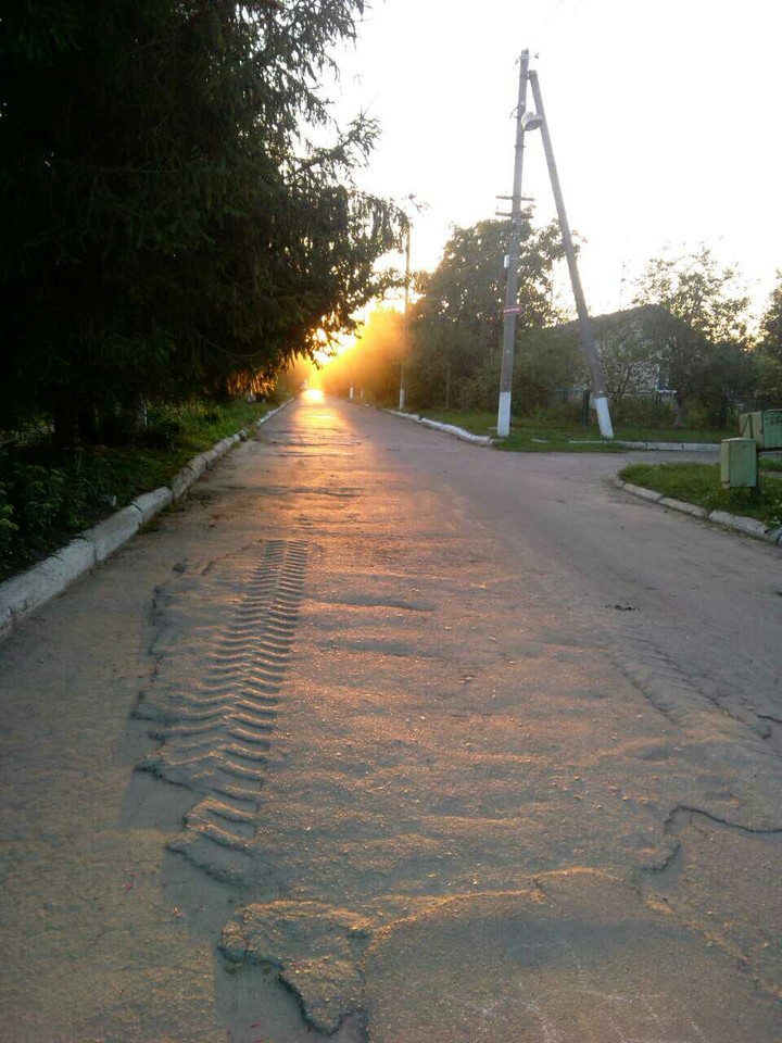 закат, след от шины, дорога