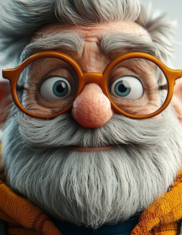 Close up portrait of a funny elderly male character with big eyes, round dark glasses, and a white b