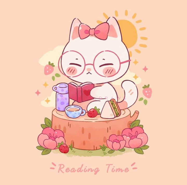 un gato leyendo un libro y también comiendo un desayuno
