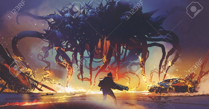 Giant squid fighting with a human!