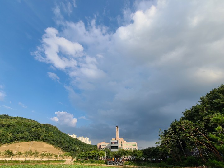 big cloud and church