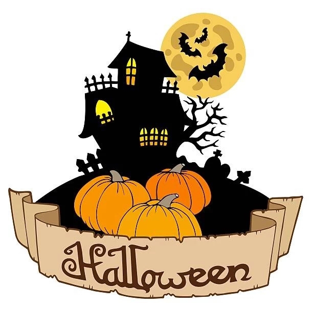 Haunted mansion and harvest pumpkins