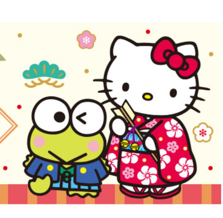 Kitty & KerokeroKeroppi dressed for the New Year