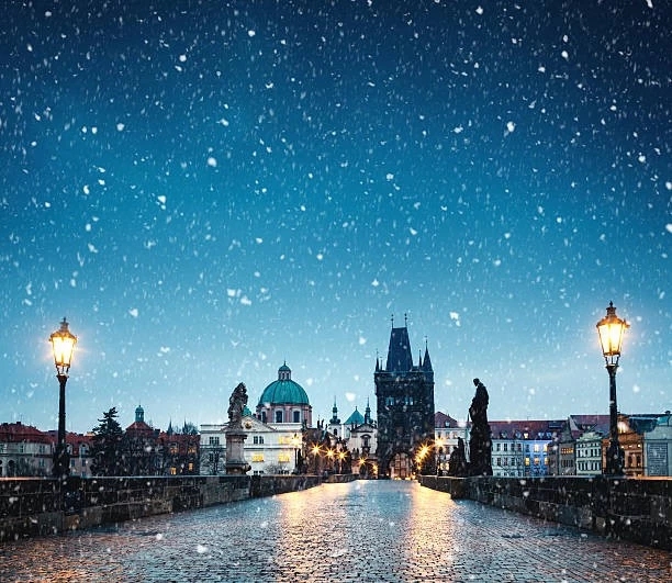 Charles Bridge, Prague, on snowy morning