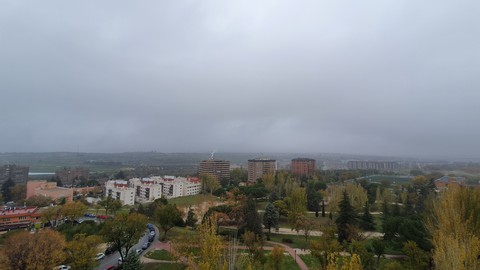 Foggy day in Madrid, Spain.