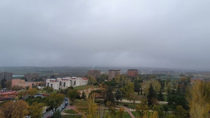 Foggy day in Madrid, Spain.
