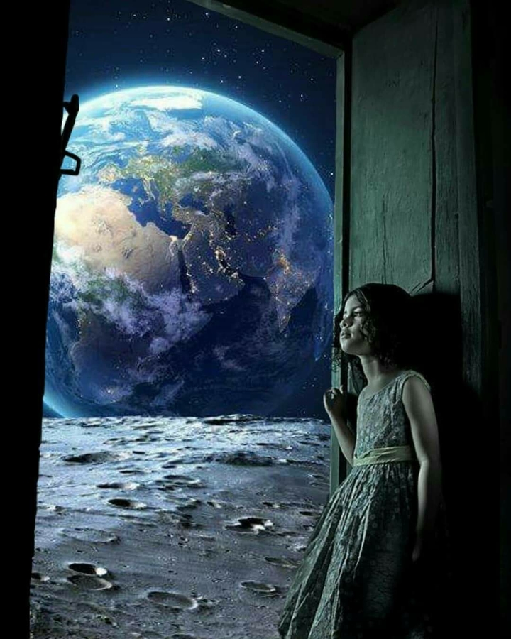 Cute girl stand on the Door of universe