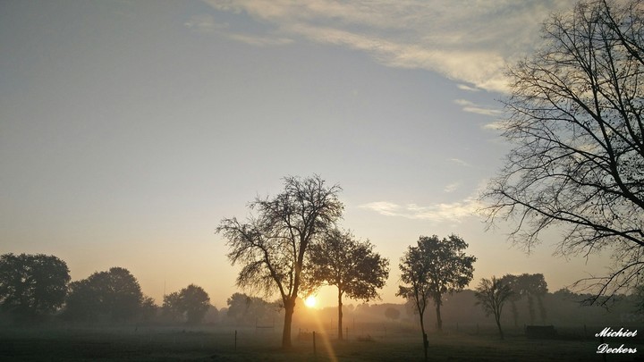 Sunset above the foggy meadow