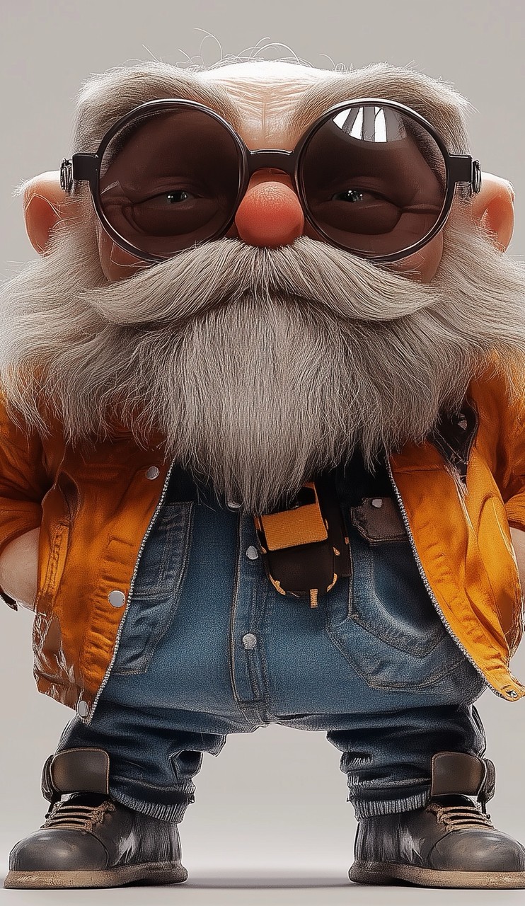Close up portrait of a funny elderly male character with big eyes, round dark glasses, and a white b