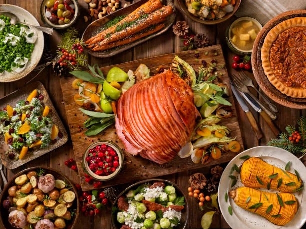 Christmas glazed ham and trimmings
