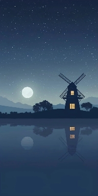 Lake & windmill at night