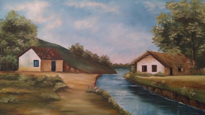 Quadro duas casas e o rio.