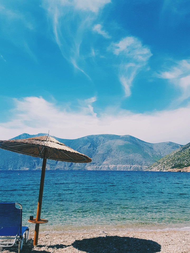 mountain, sky, blue, sea, sun, sunbed