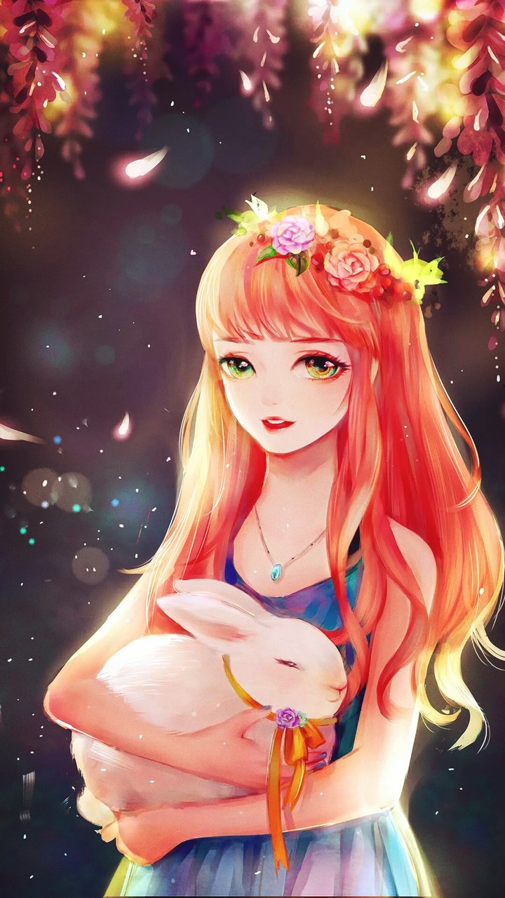 Cute anime girl with cute rabbit