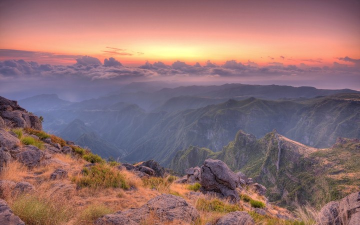 Mountains Stones Breakage Fog Morning Grass