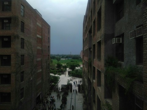 View from path joining these buildings.