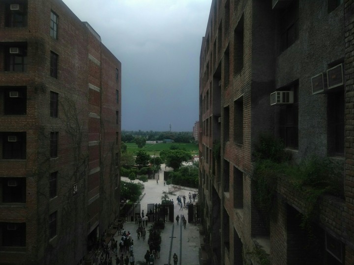 View from path joining these buildings.