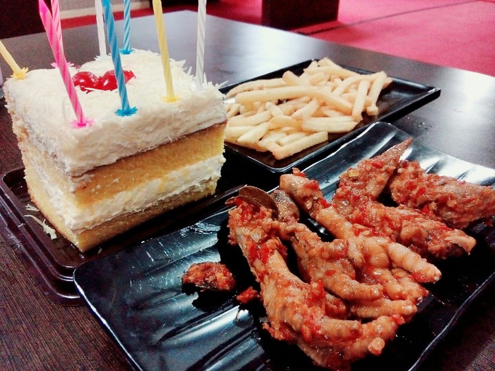 Devil Chicken, French Fries, Little Birthday Cake
