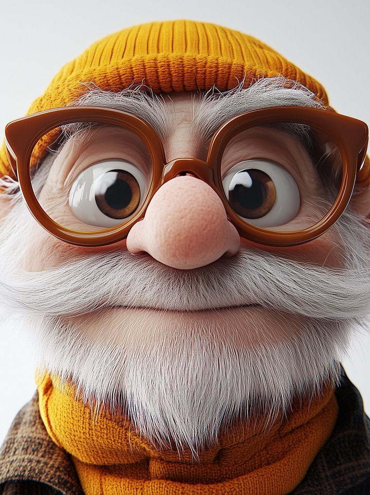 Close up portrait of a funny elderly male character with big eyes, round dark glasses, and a white b
