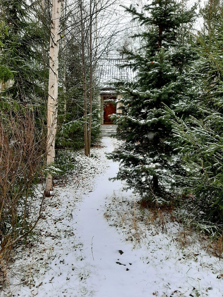 таинственная дверь, снег, осень, тропинка