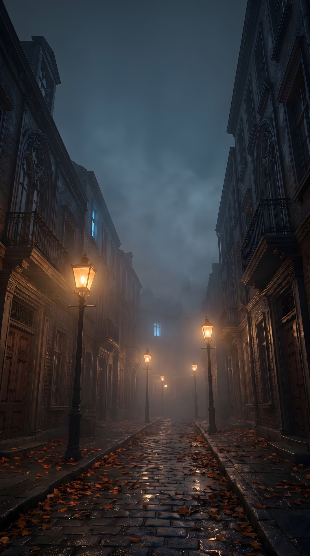 Spooky Victorian Street with Glowing Street Lamps and Autumn Fog on Halloween Night