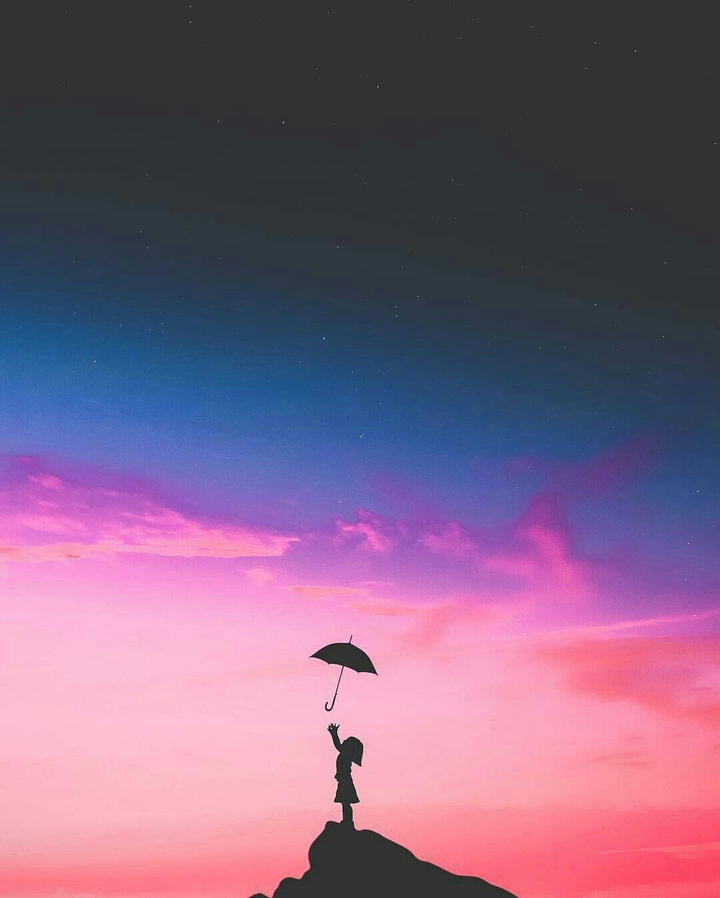 night, umbrella, girl, star, sky