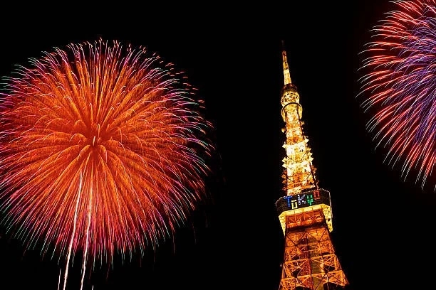 fireworks and Tokyo Tower