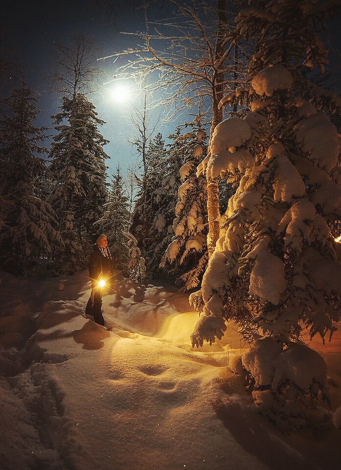 a light in the snow night