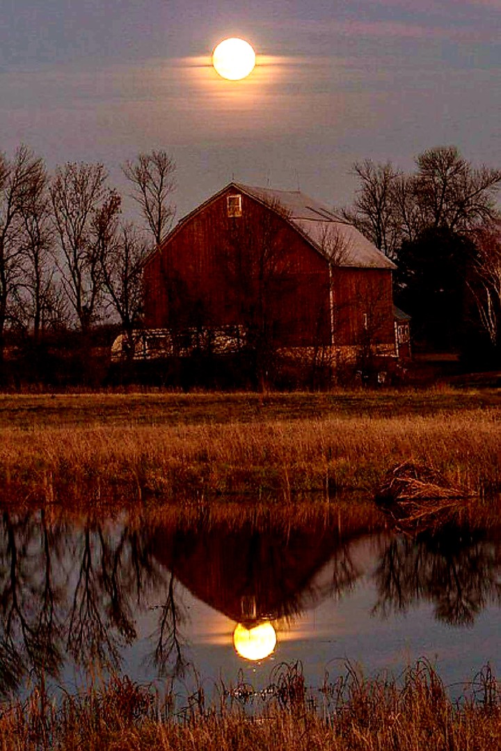 Evening Barn with lake shadow