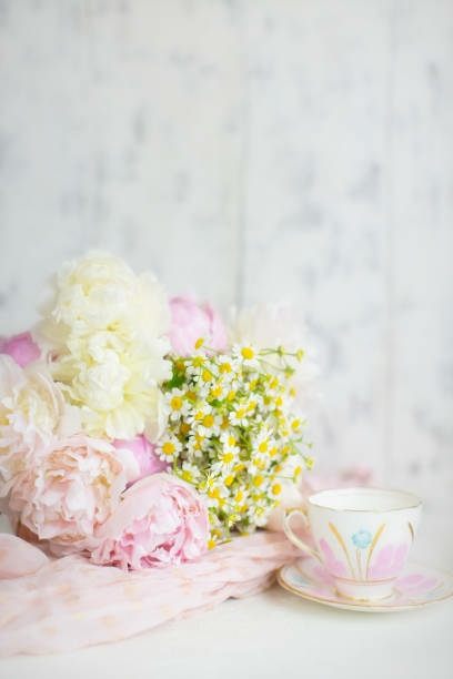 pink peonies, chamomile, teaware