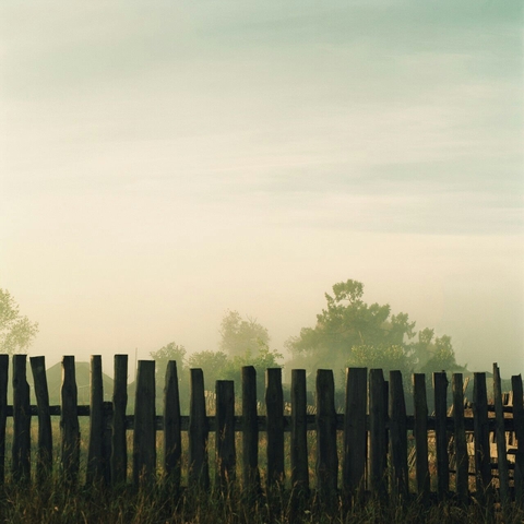 Barrière en bois le matin parmis du brouillard