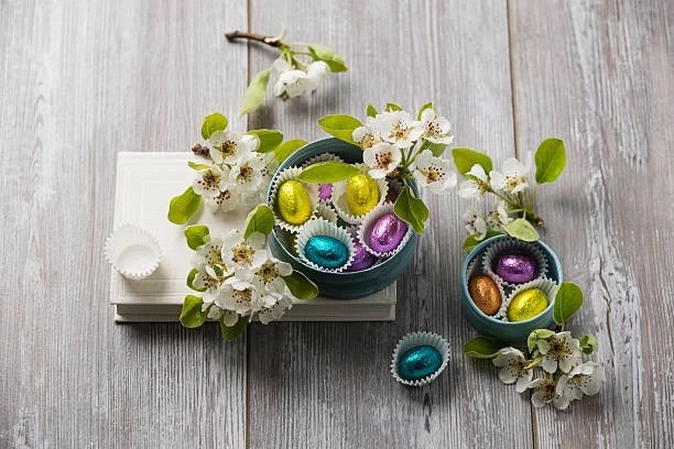 pear blossoms and chocolate eggs