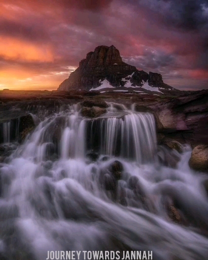 waterfall, sky, mountain