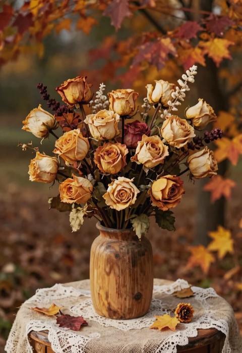 VASE OF AUTUMN ROSES