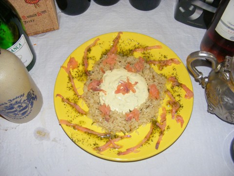 tartar sauce and salmon rice salad