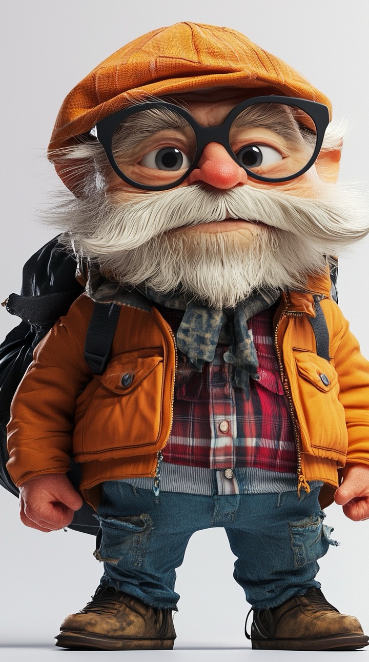 Close up portrait of a funny elderly male character with big eyes, round dark glasses, and a white b