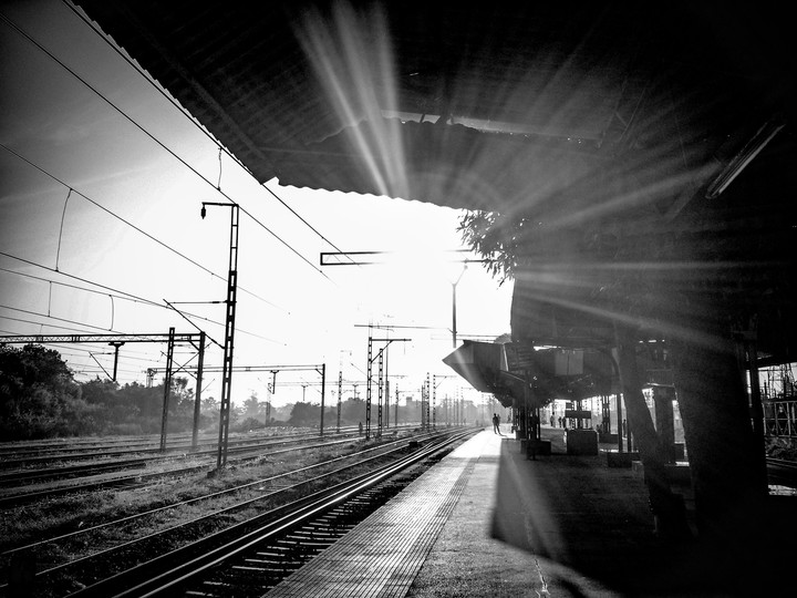 black and white railway station
