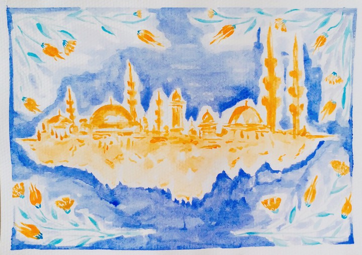 Ottoman floral motifs with İstanbul siluette watercolor...