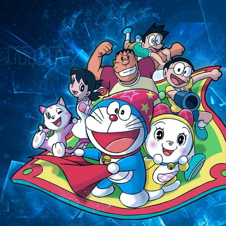 Doremon and his friends on flying carpet in Space