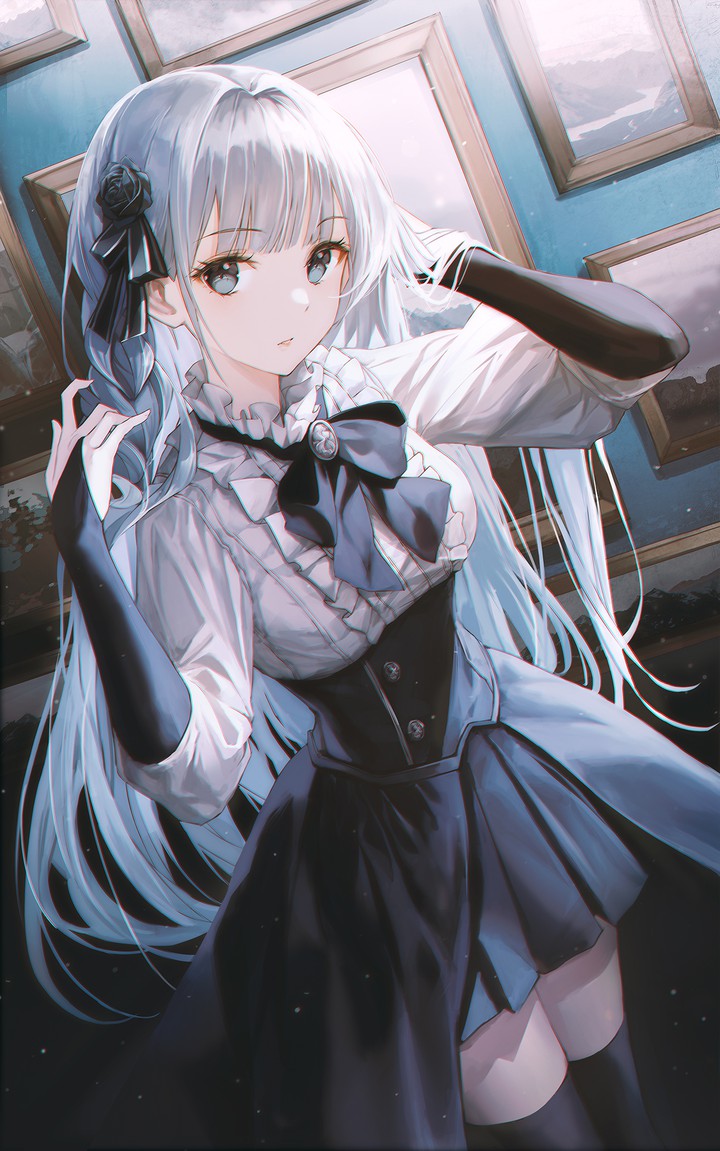 cute anime girl blue eyes silver hair bewitching thighs