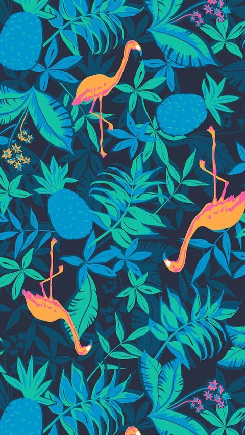 FLAMINGOS, LEAVES AND PINEAPPLE