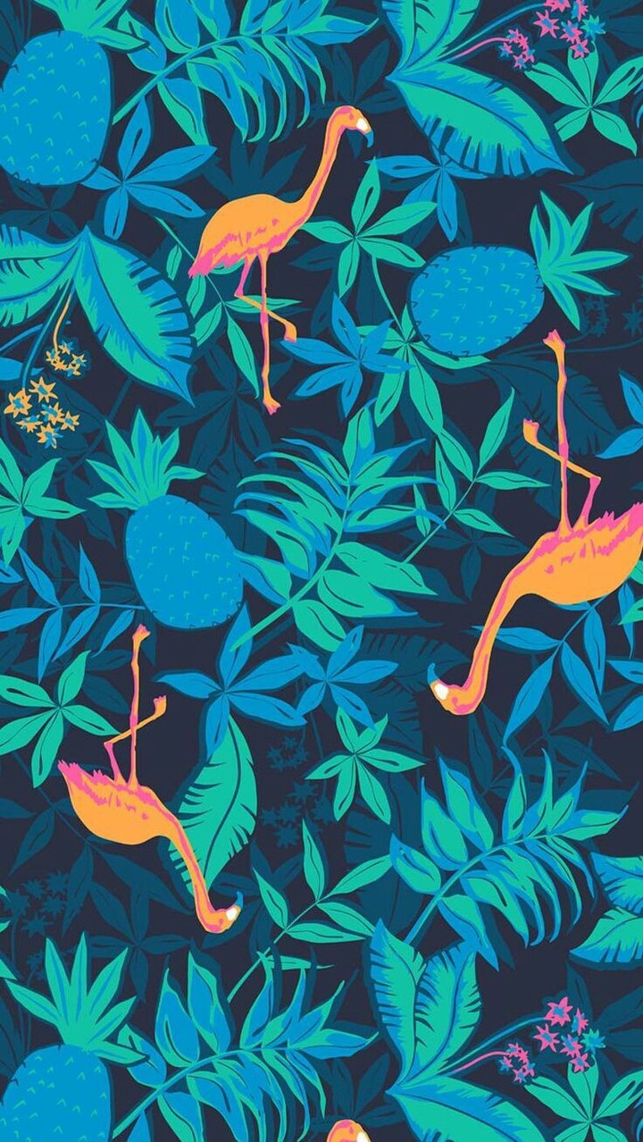 FLAMINGOS, LEAVES AND PINEAPPLE