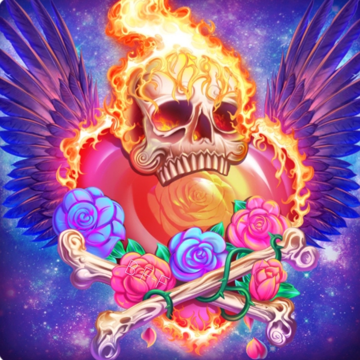 Totenkopf mit Rosen, Federn und Feuer