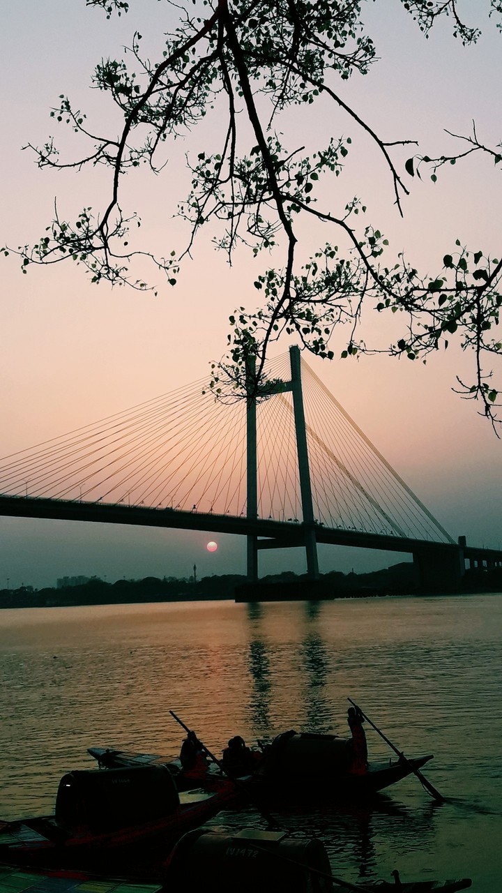 bridge sunset and river
