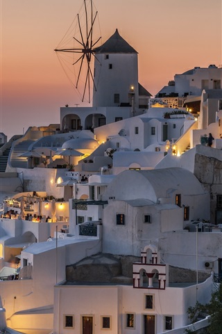 Santorini -- homes & windmill at dusk
